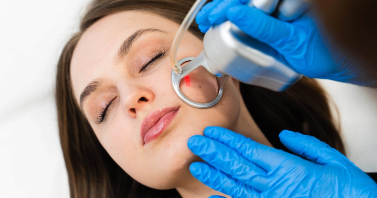 Woman receiving a CoolPeel vs Traditional CO2 Laser treatment in Tacoma, WA, on her cheek from a gloved professional using a red-light device.