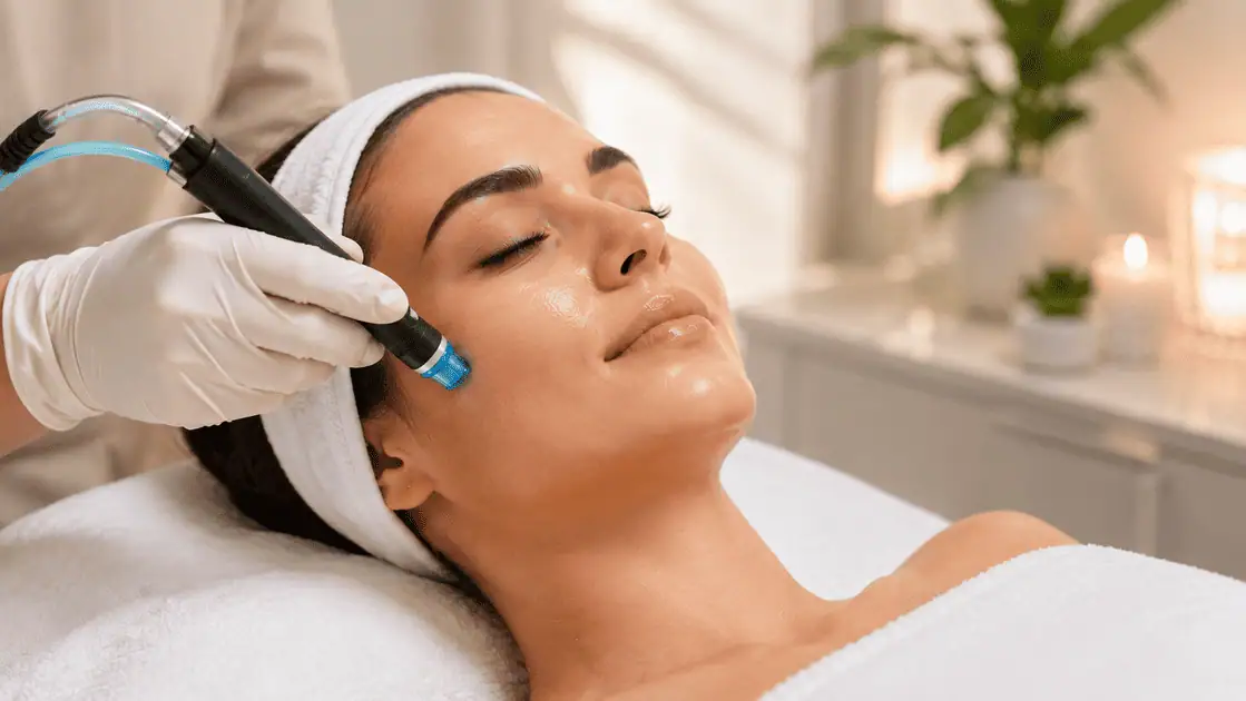 Woman receiving a professional HydraFacial treatment at a medical spa, representing facial skin rejuvenation and comparing HydraFacial vs. chemical peel treatments in Tacoma, WA.